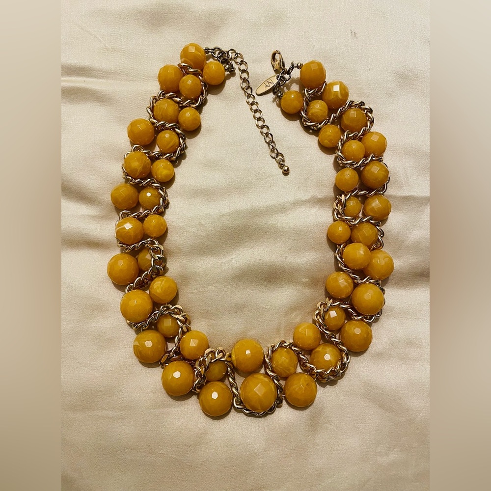 NWOT Statement Beaded Necklace Gold Tone Amber Color Chunky
